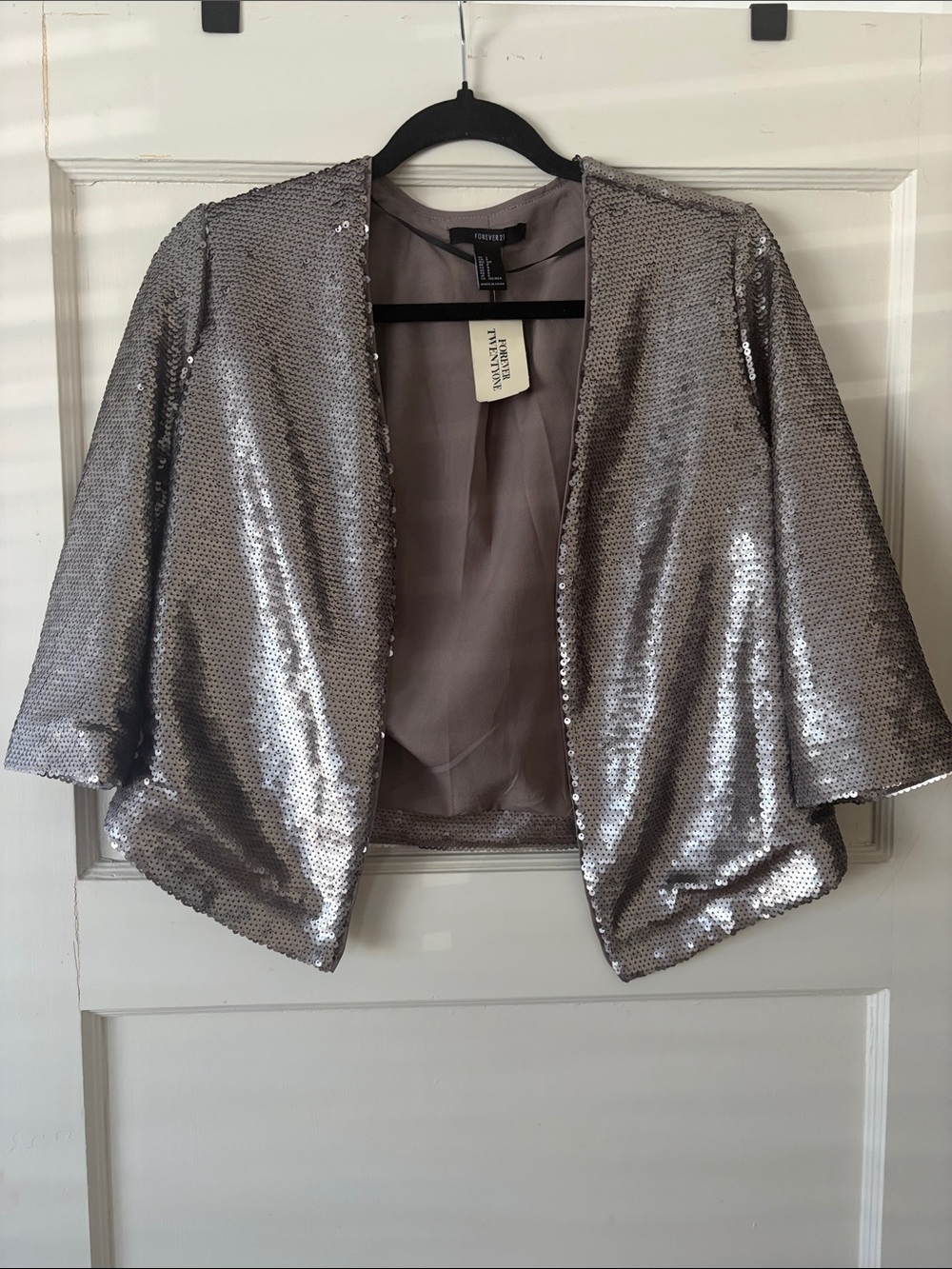 Forever 21 Silver Sequin Cropped Open-Front Jacket